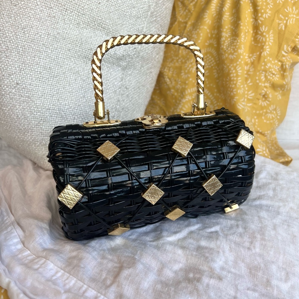 Vintage black and gold wicker picnic basket handbag